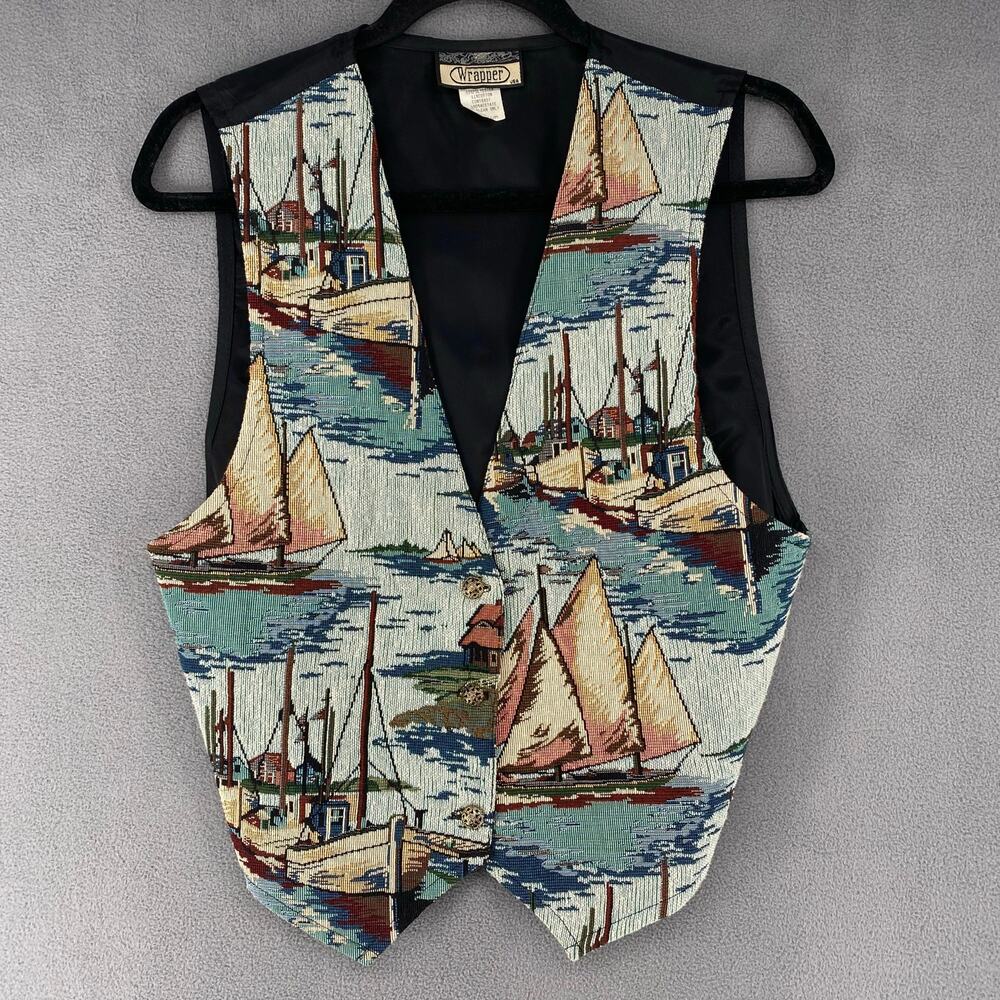 Vintage Wrapper Nautical Tapestry 3 Button Down Vest Womens M Sailing Ships Blue